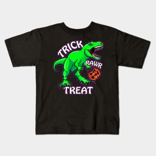 Trick Rawr Treat T Rex Dinosaur with Pumpkin Funny Halloween Cartoon Kids T-Shirt